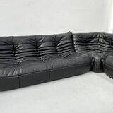 French Togo living room set in black leather by Michel Ducaroy for Ligne Roset, set of 3