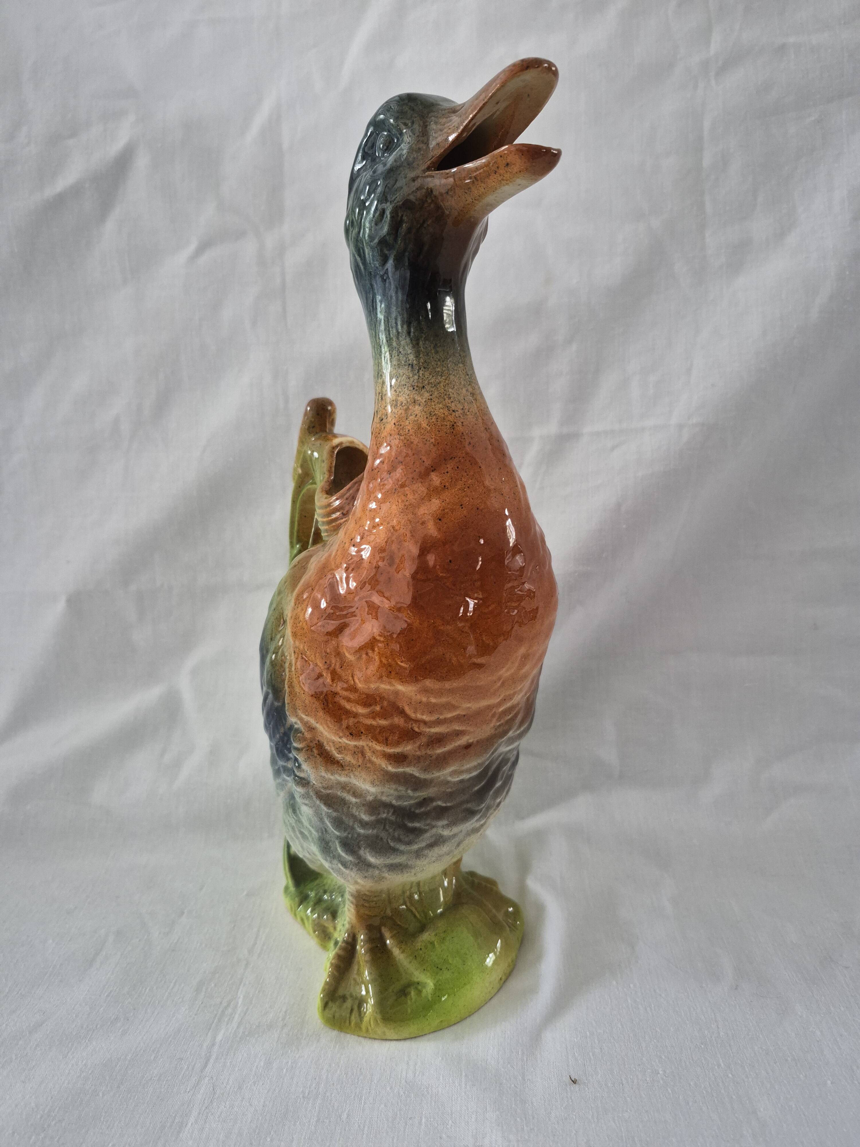 Old barbotine jug Saint Clément Mallard Duck A027