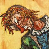 Clown musician, oil on canvas signed
