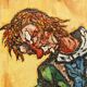 Clown musician, oil on canvas signed