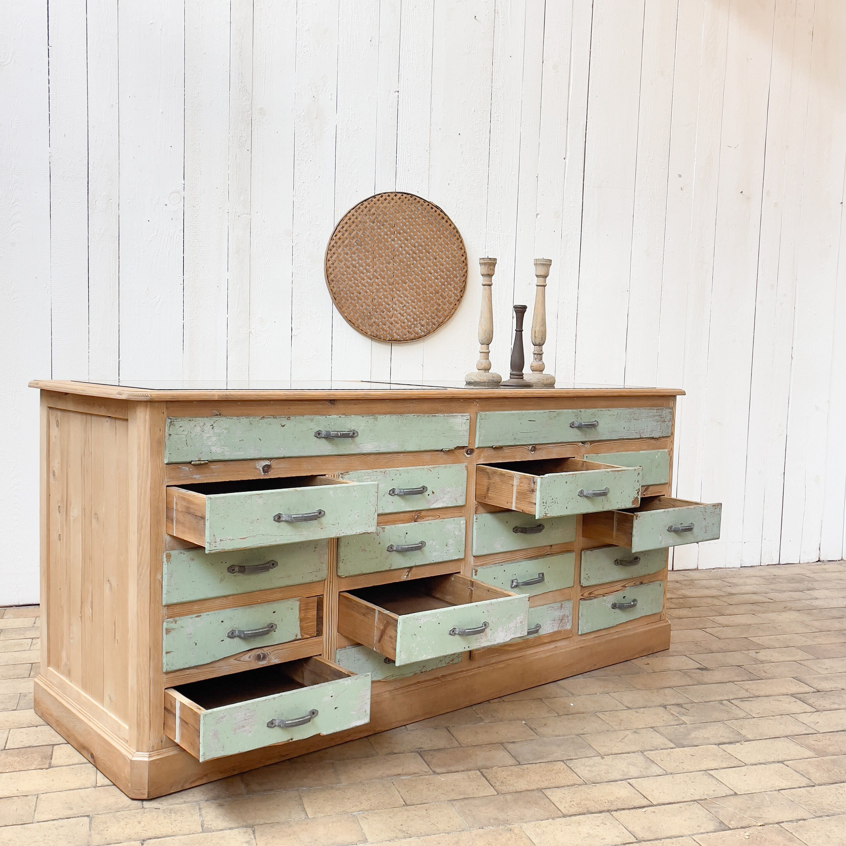 Old wooden display case with drawers, 1950