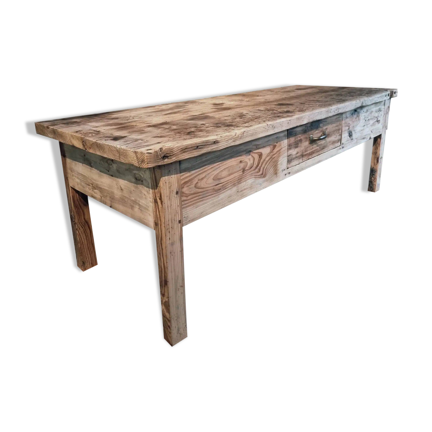 Vintage French pine work table, 1930s industrial kitchen island with drawer and casters