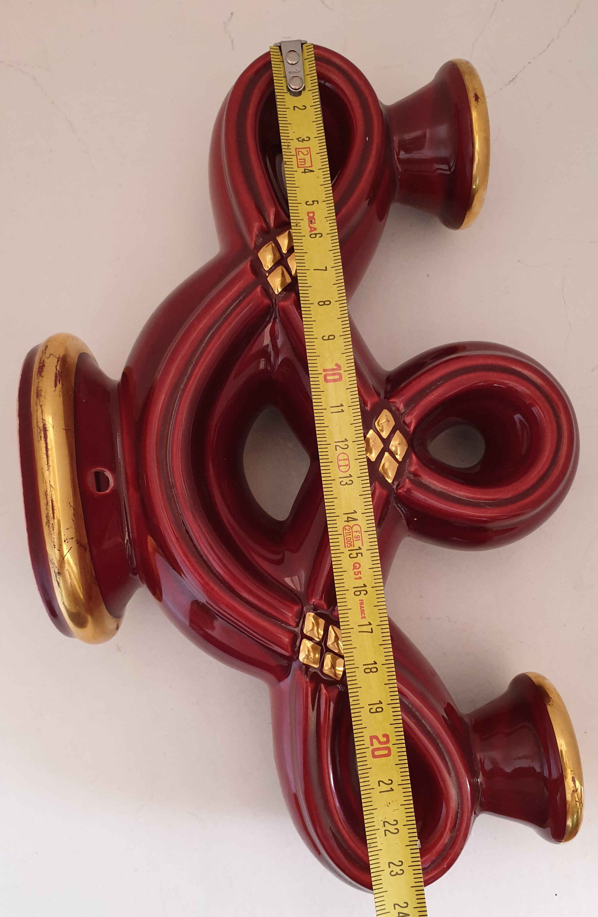 Double art deco lamp foot in bordeaux and gold ceramics