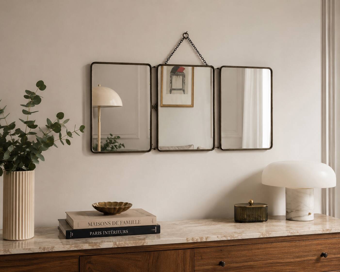 Vintage 1930s triptych mirror barber nickel-plated green crocodile effect.
