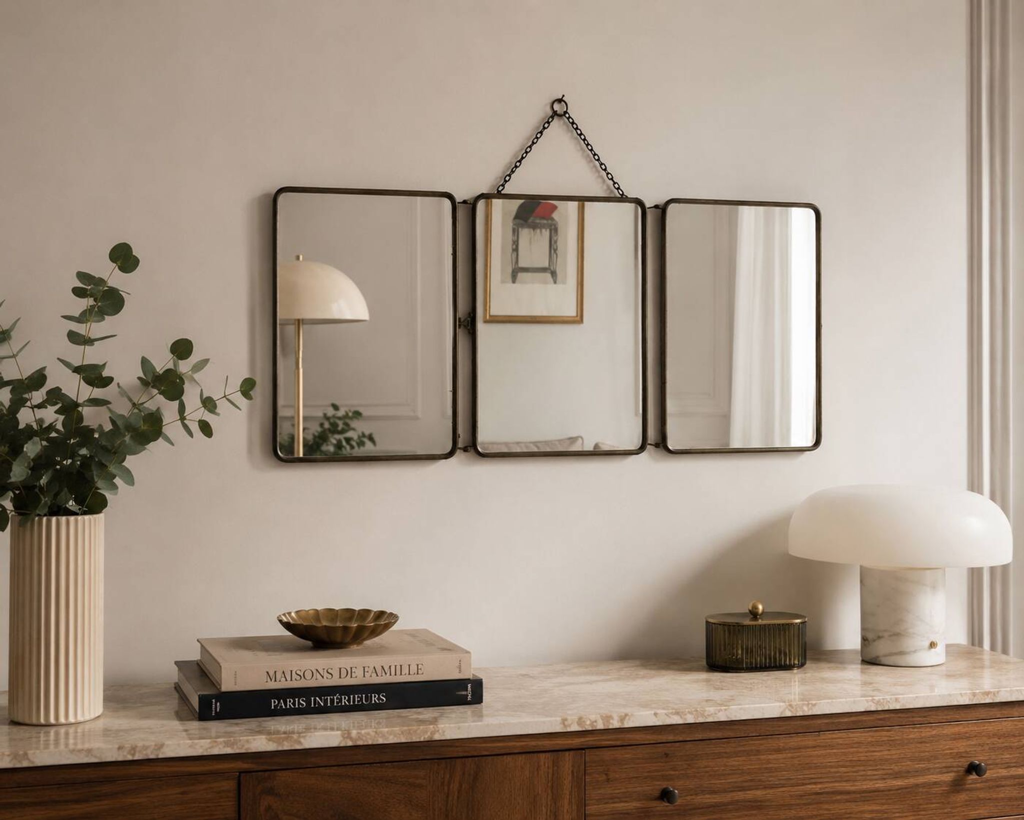 Miroir vintage 1930 triptyque barbier nickelé simili crocodile vert avocat
