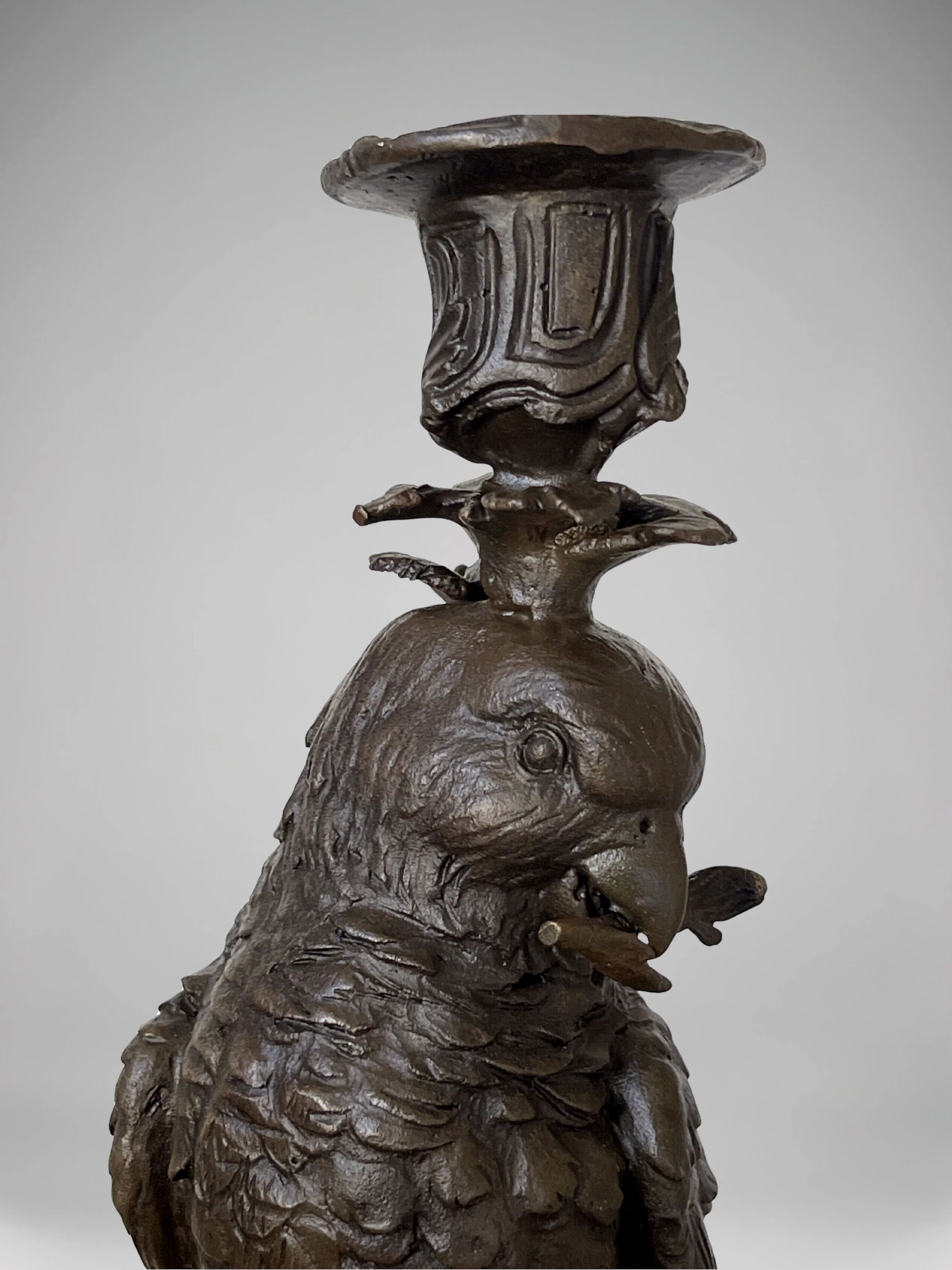 Pair of patinated bronze candlesticks with parrots on black bases – Napoleon III style / 19th century
