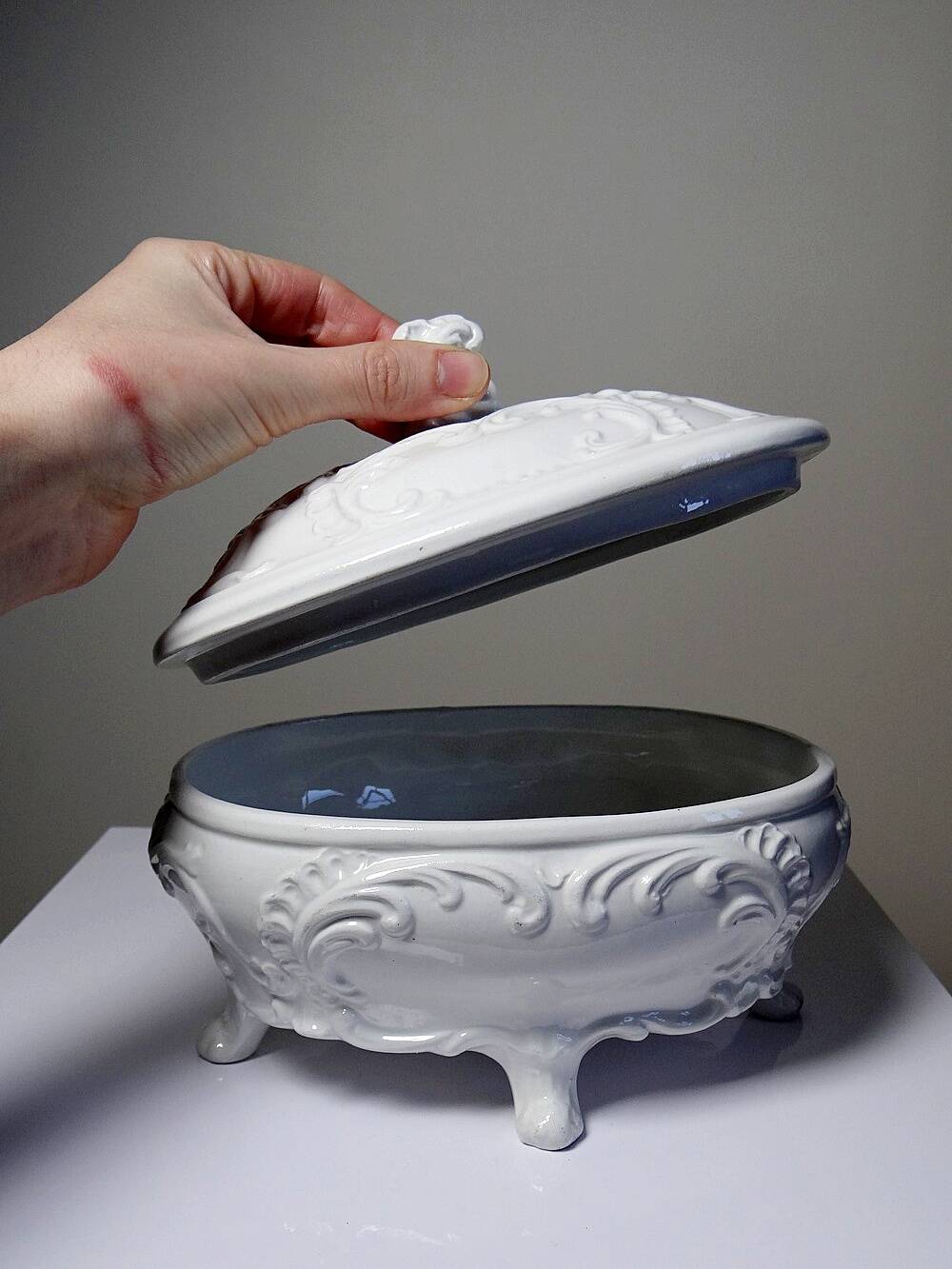 Vintage Baroque style white Italian earthenware candy dish
