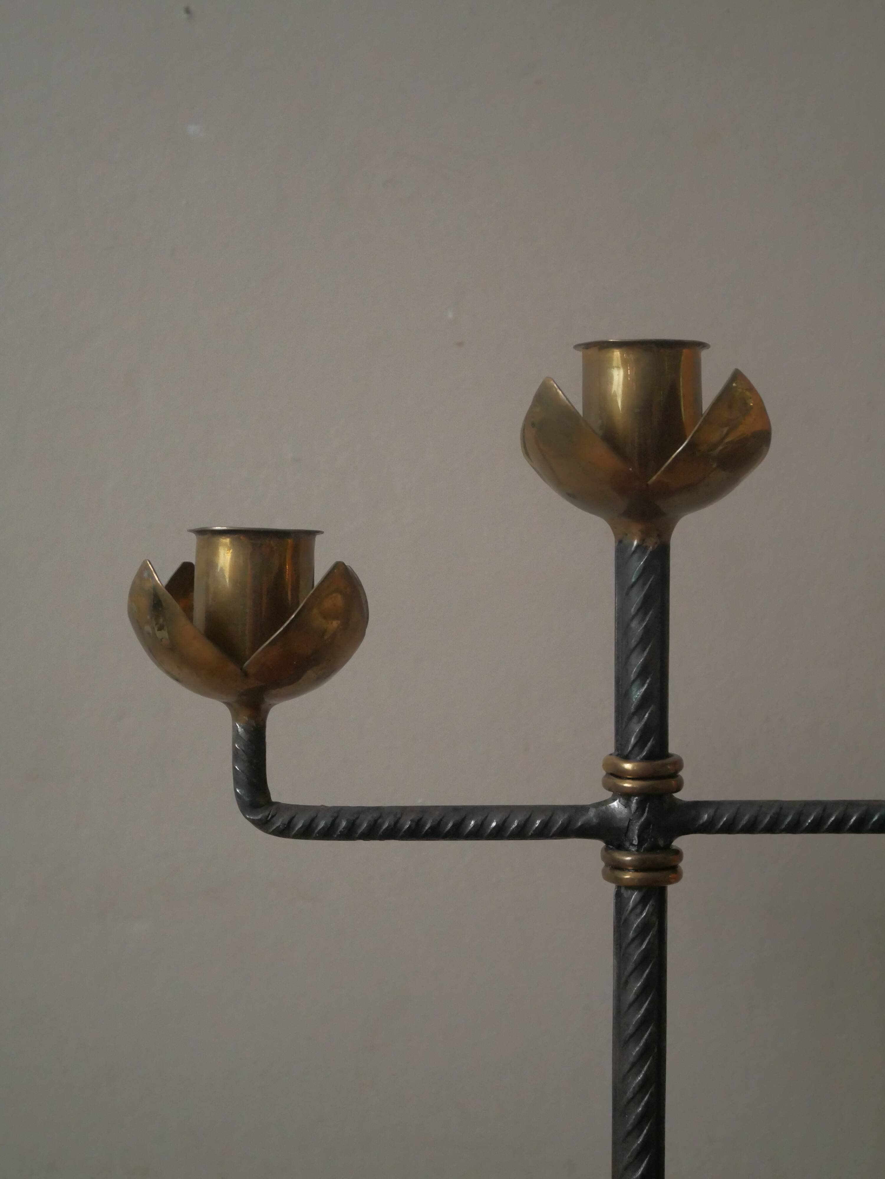 Candlestick with three branches wrought iron brass handcrafted unique piece candelabra candle holder