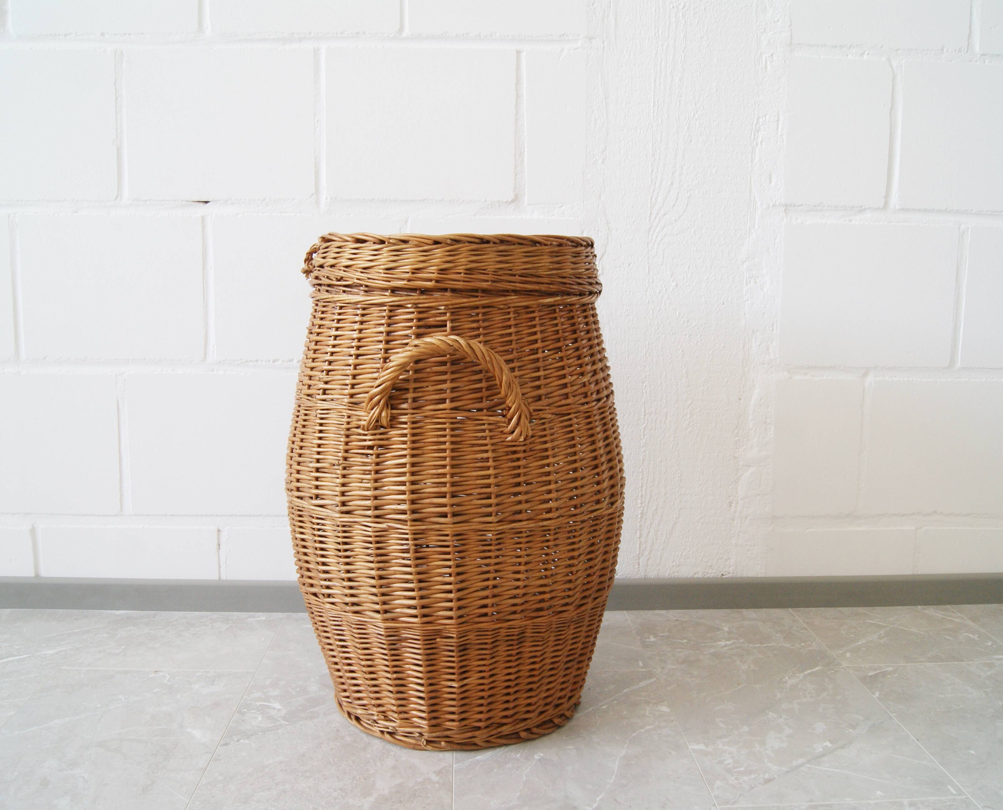 large round basket with lid, wicker basket, rattan basket, laundry container