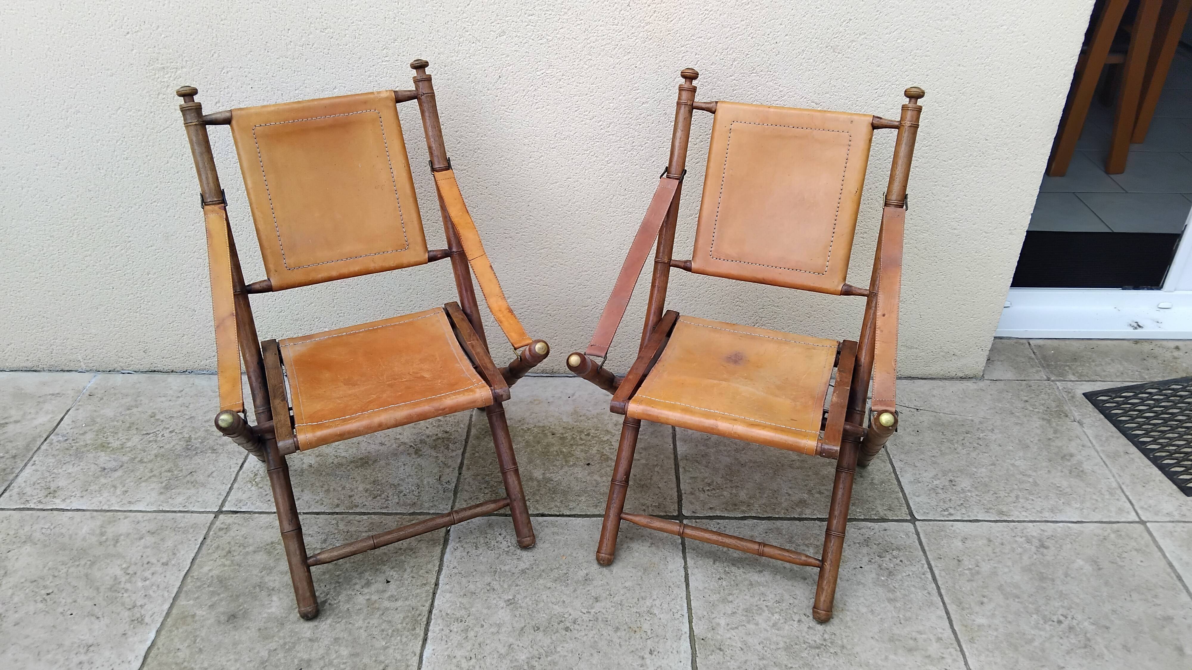 Vintage leather and wood folding chair SAFARI pair