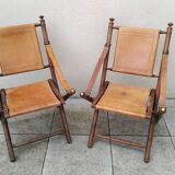 Vintage leather and wood folding chair SAFARI pair