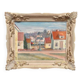 Original| Huile sur toile du milieu du siècle – « Rue du village avec maisons » par N.T.