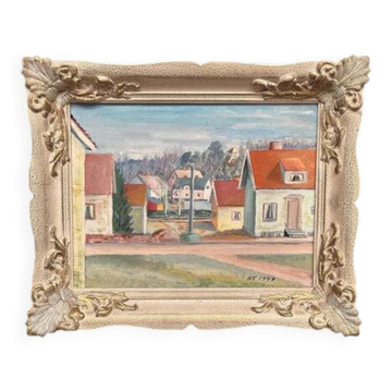 Original| Mid Century Oil on Canvas – “Village Street with Houses” By N.T.