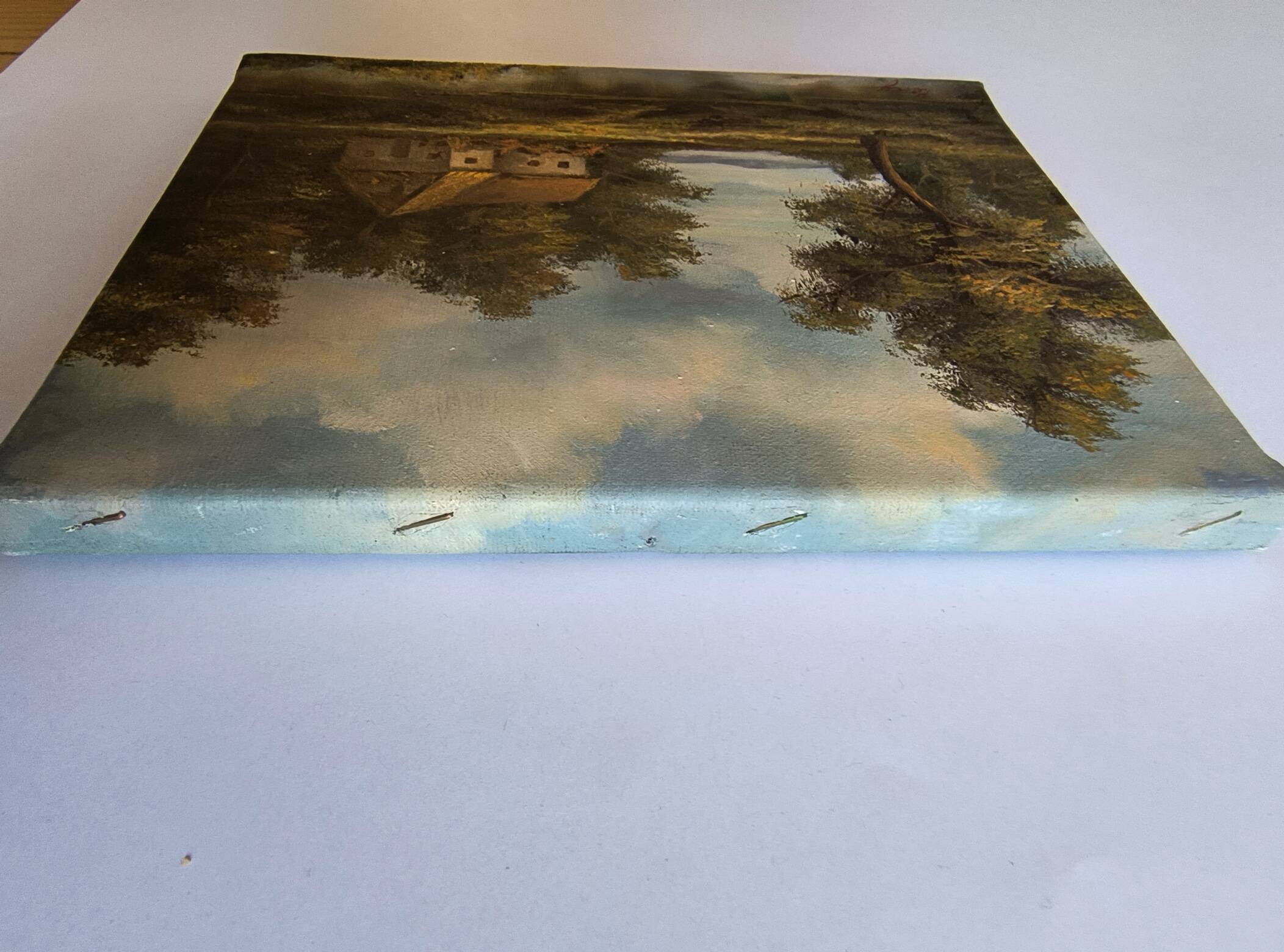 Antique painting signed "Percy" - House by the pond - oil on canvas
