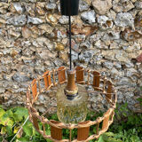 Rattan wood and glass pendant light 1970