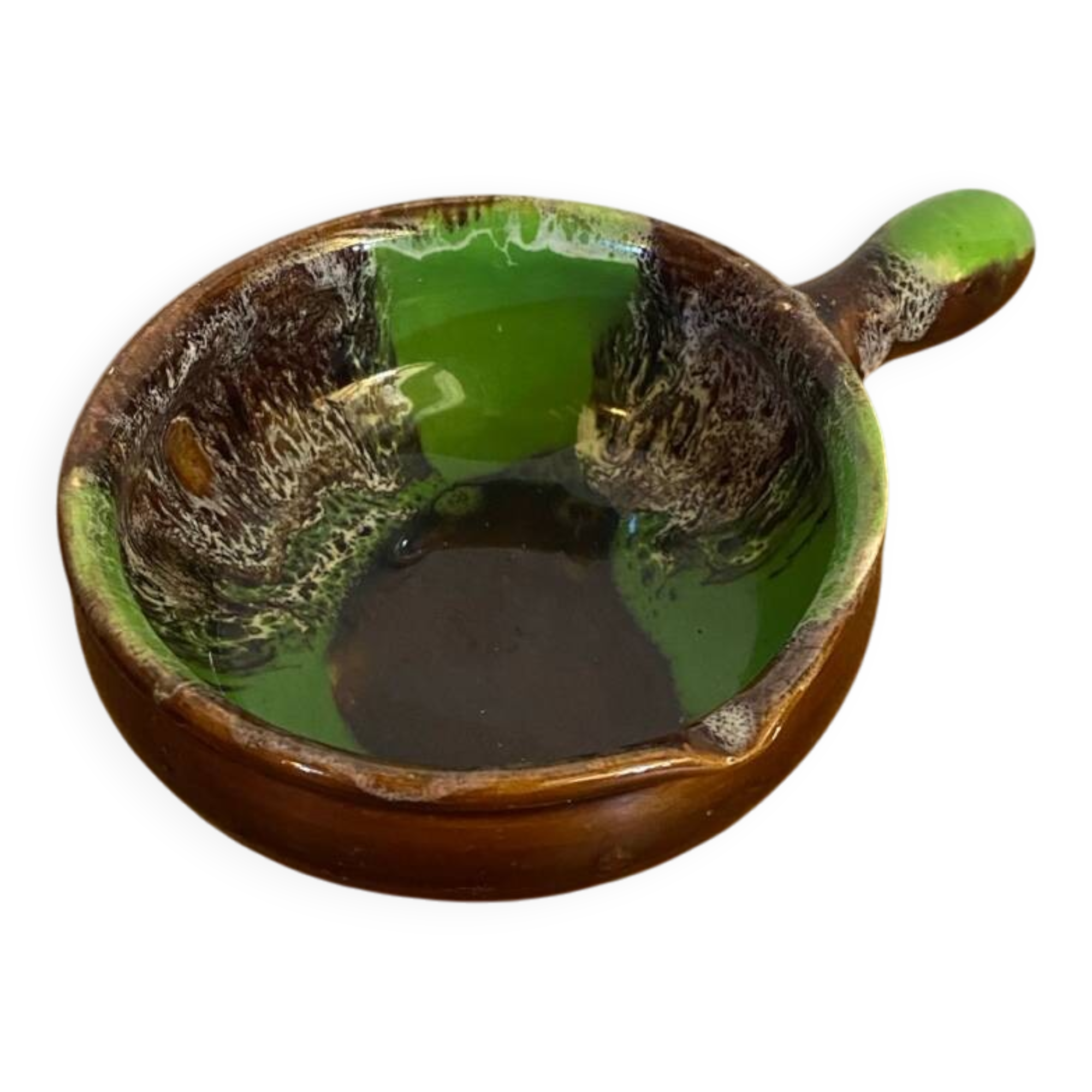 Poêlon vide poche ancien vallauris céramique verte marron caquelon vin