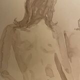 Tableau signé, aquarelle monochrome portait féminin « devant le chevalet »
