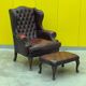 Burgundy leather chesterfield wing chair with Ottoman