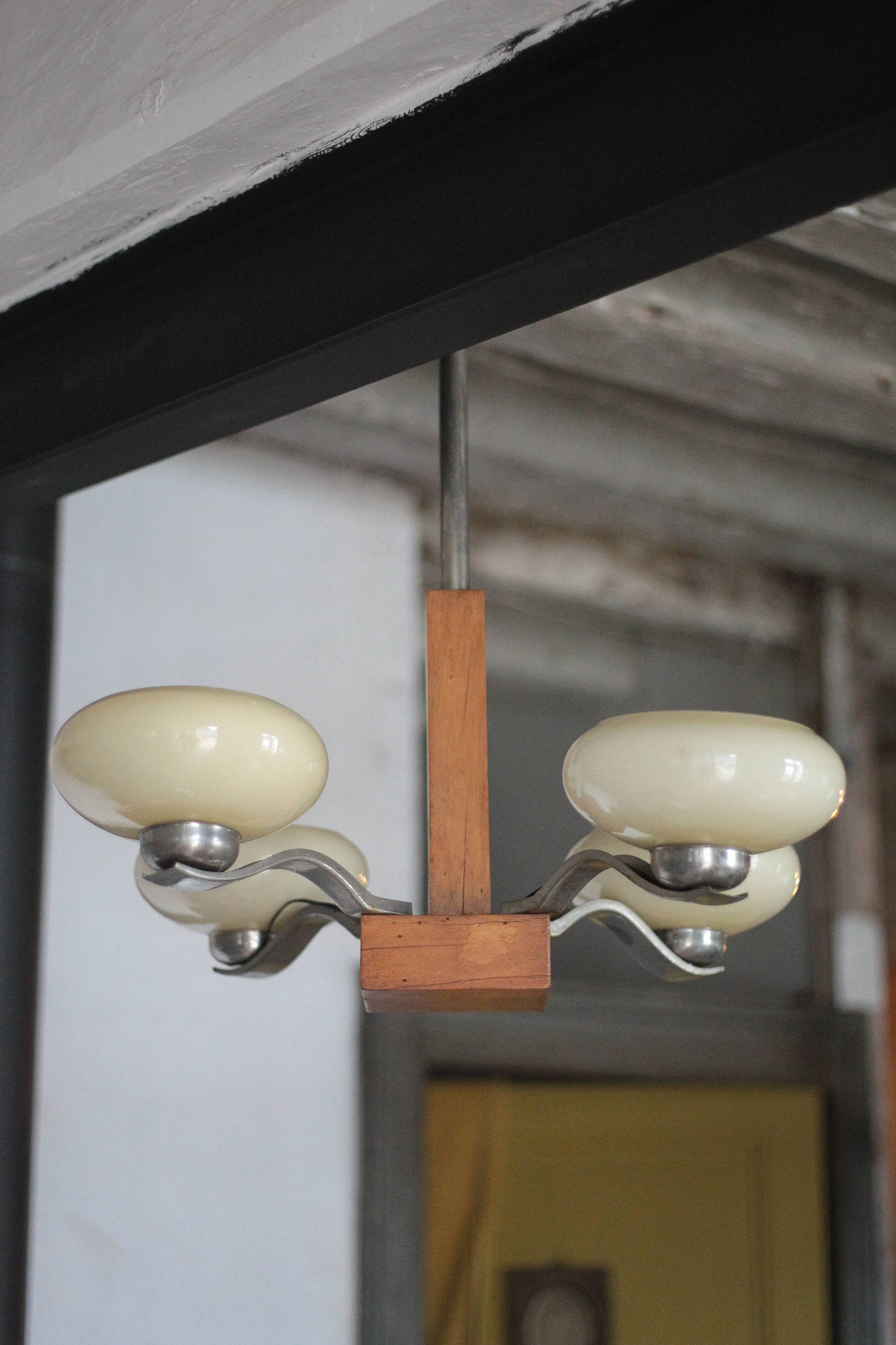 Art Deco suspension, 4-light chandelier with opaline globe, ceiling lamp.