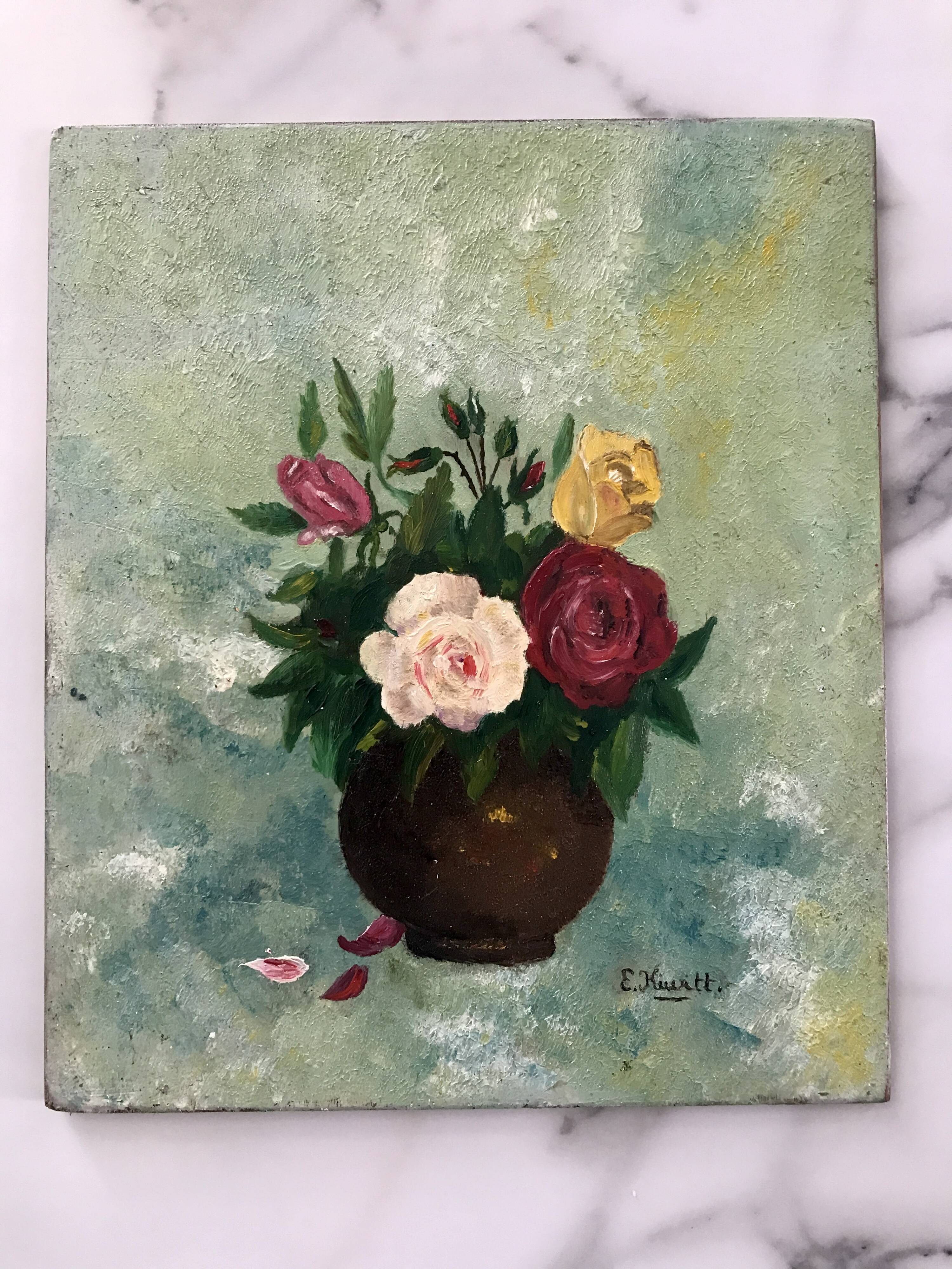 Small old still life painting of a bouquet of roses