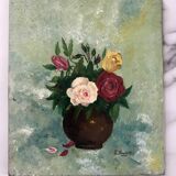 Small old still life painting of a bouquet of roses