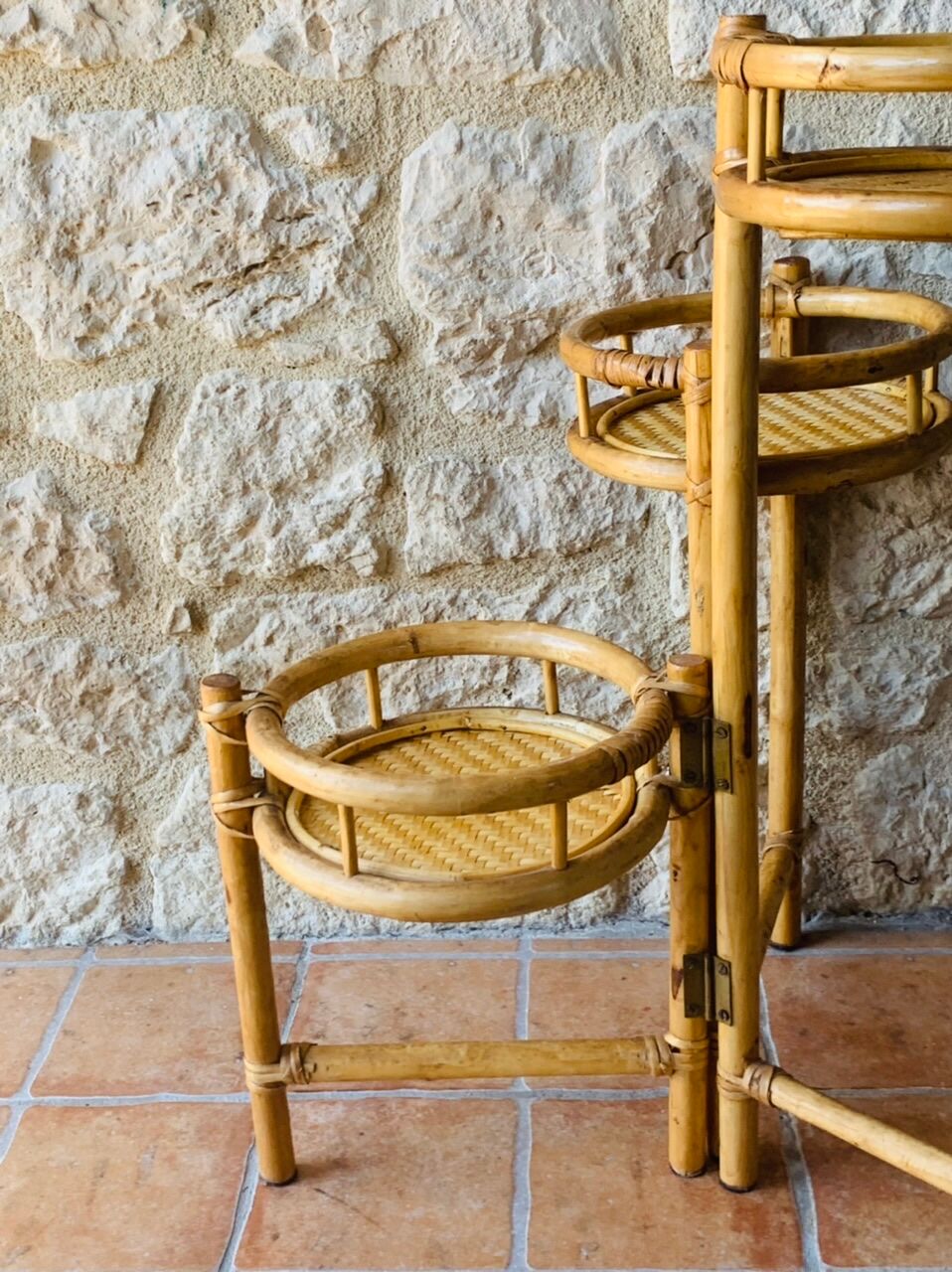 Vintage folding plant holder in bamboo and rattan, circa 1970's