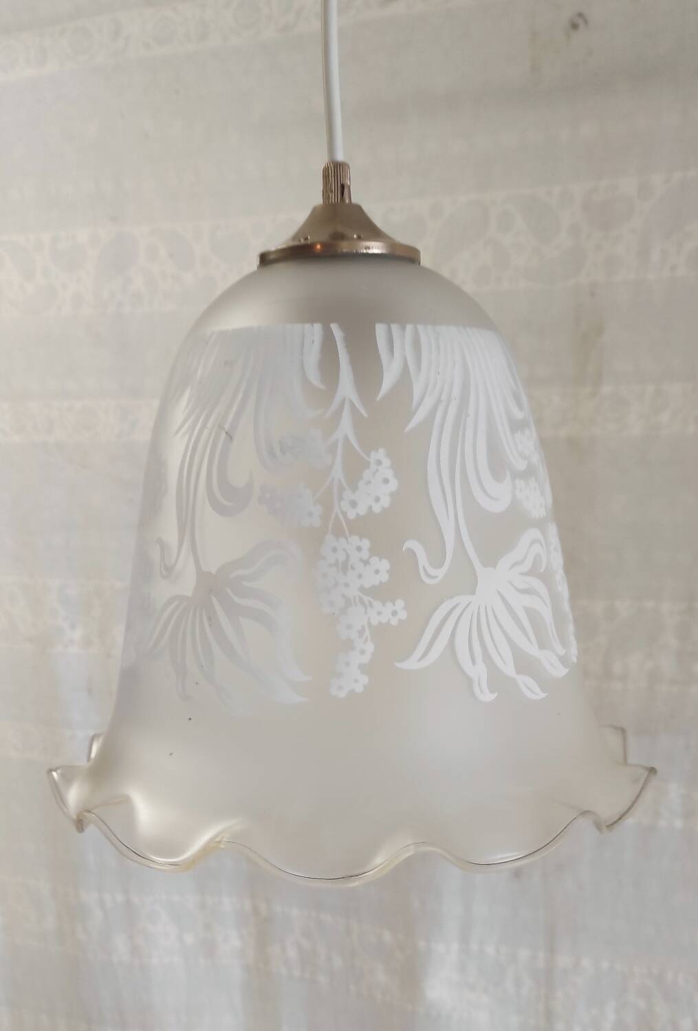 Suspension style Art Nouveau glass globe with screen-printed floral pattern.