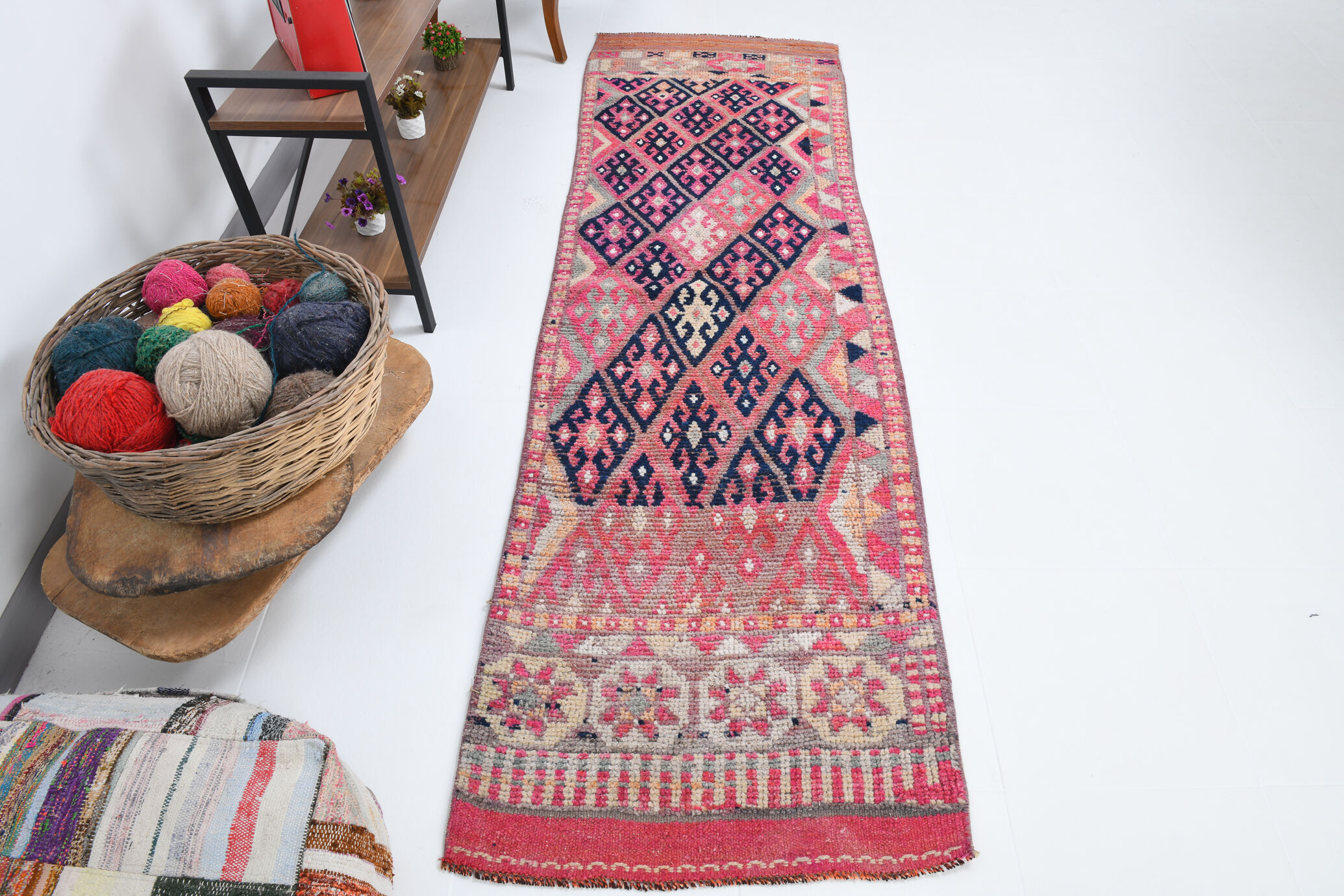 3x9 navy blue & pink turkish runner rug 79x272cm