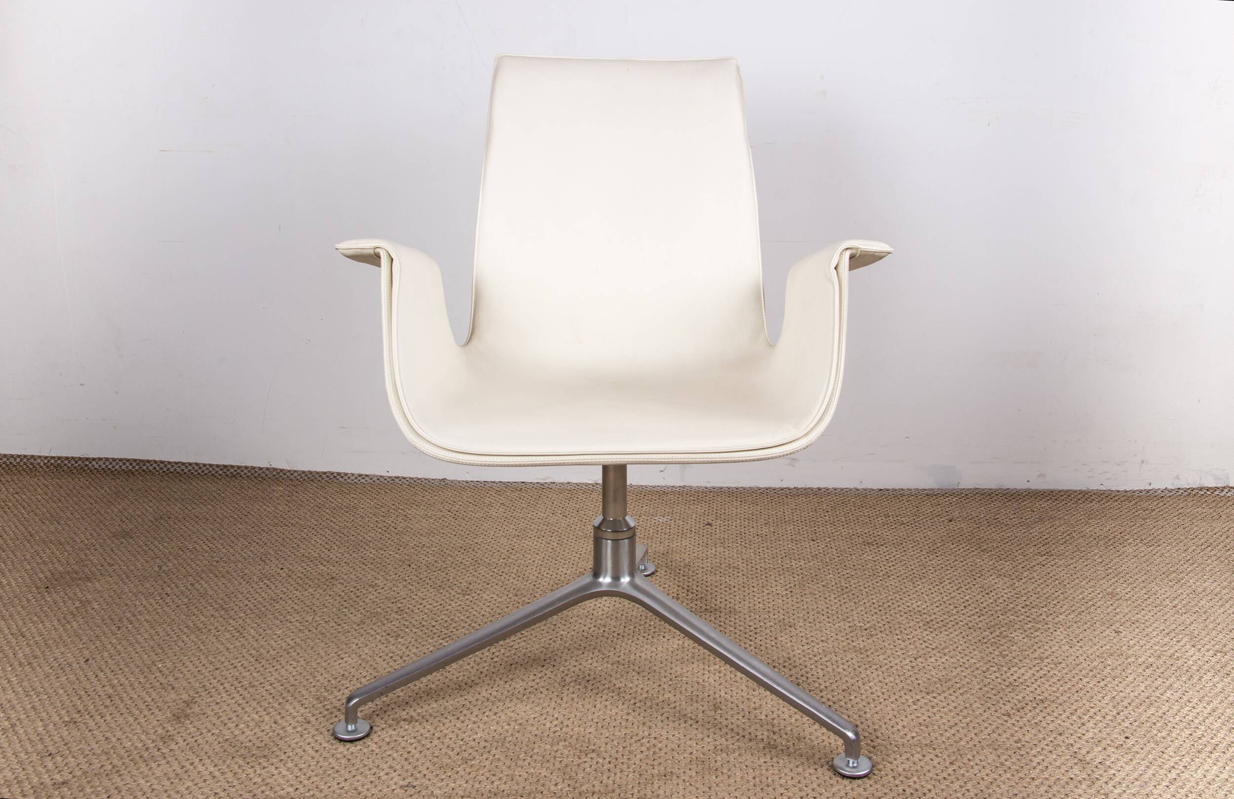 Danish armchair, white leather + chrome steel, model fk 6725 or “tulip chair”, preben fabricius/knoll