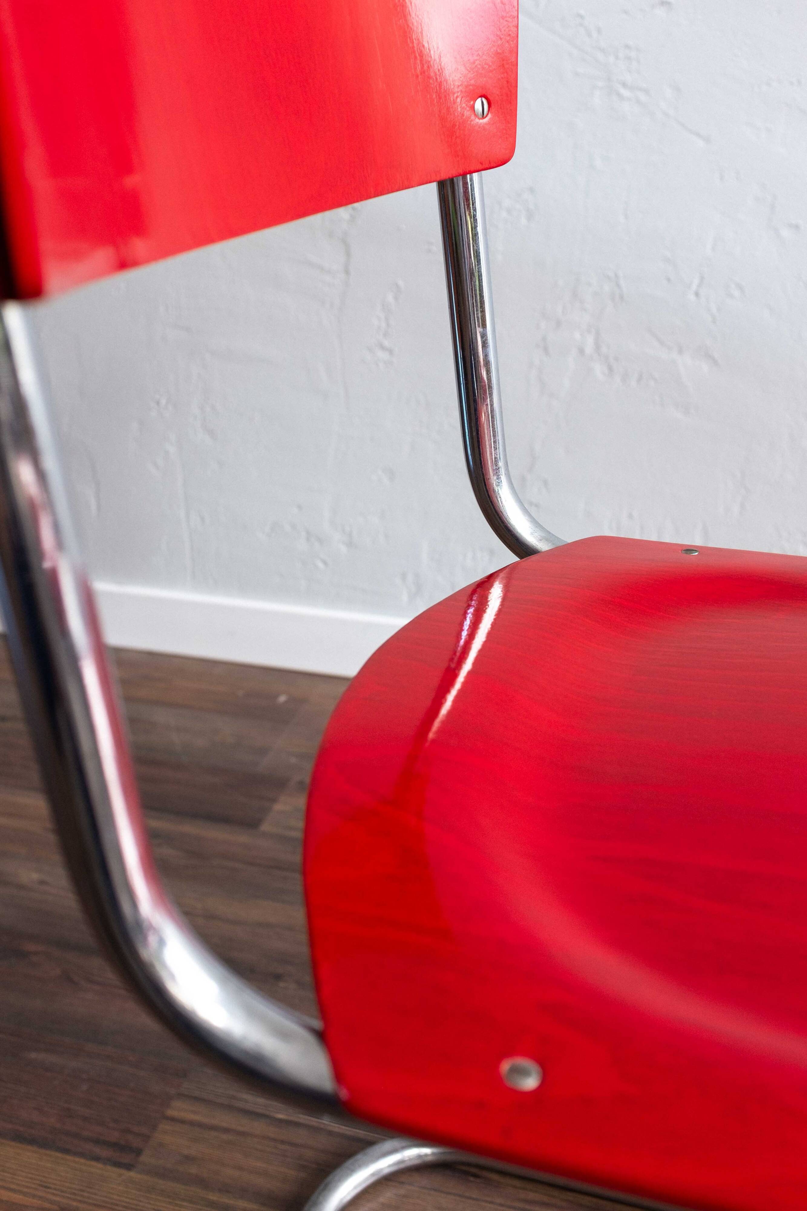 Functionalist Bauhaus Style Red Dining Chairs By Kovona, 1940s