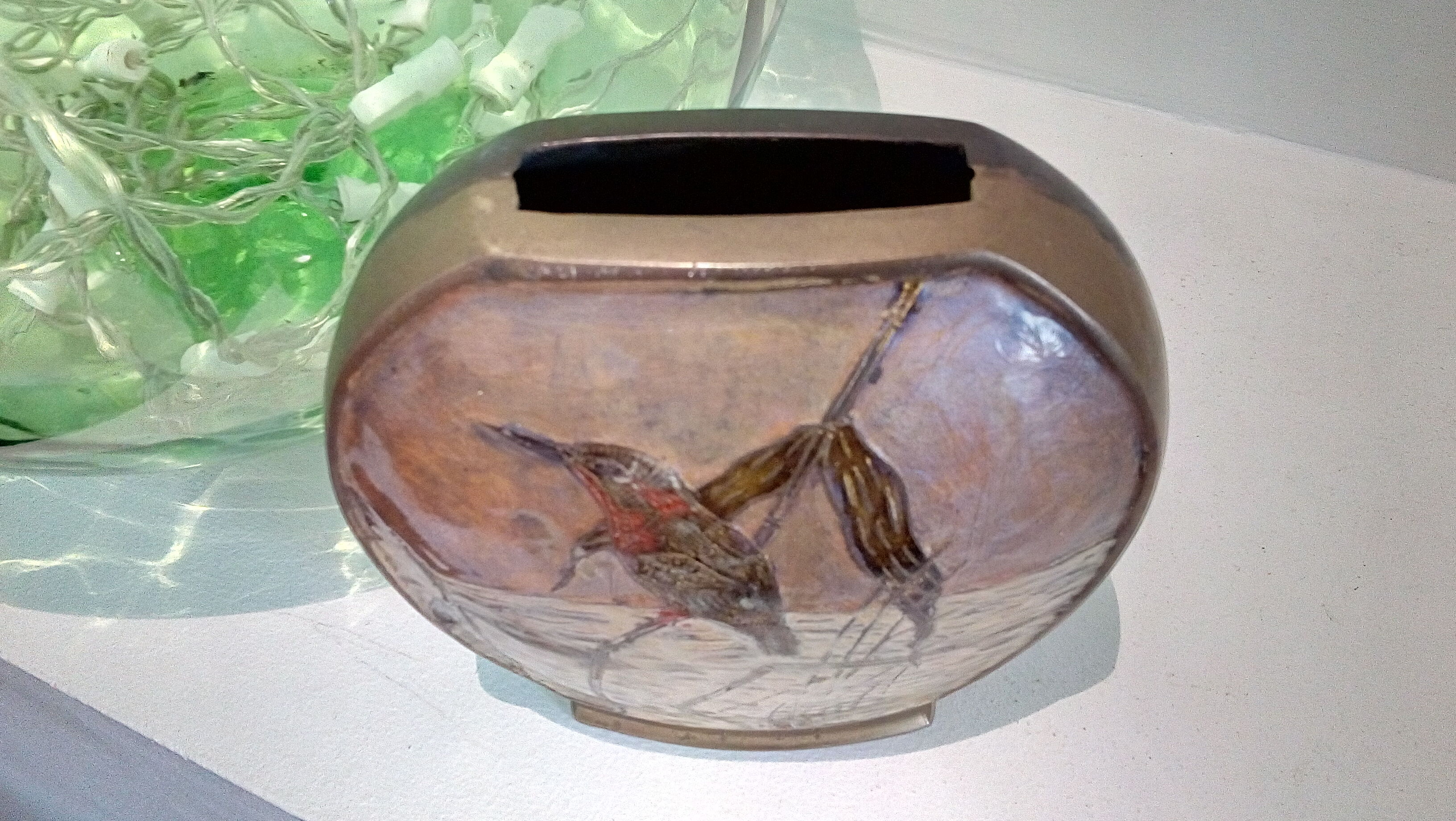 Brass vase with bird décor