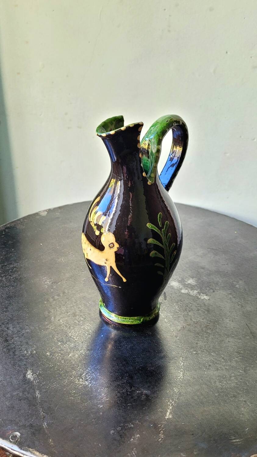 Vintage ceramic vase, terracotta, ethnic chimera, naive art.