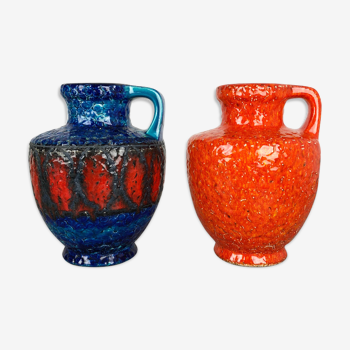 Set of 2 Multi-Color Fat Lava Op Art Pottery Vase Made Bay Ceramics, Germany