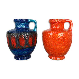 Set of 2 Multi-Color Fat Lava Op Art Pottery Vase Made Bay Ceramics, Germany