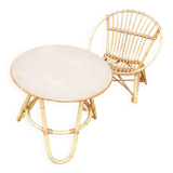 Old armchair & table for children in rattan
