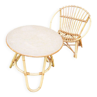 Old armchair & table for children in rattan