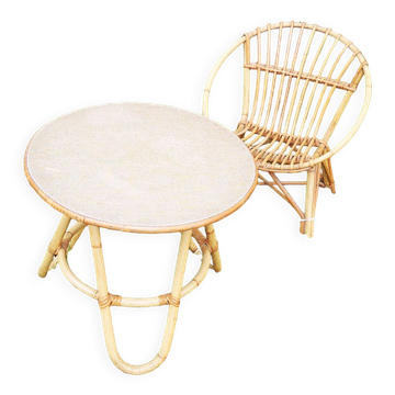 Old armchair & table for children in rattan