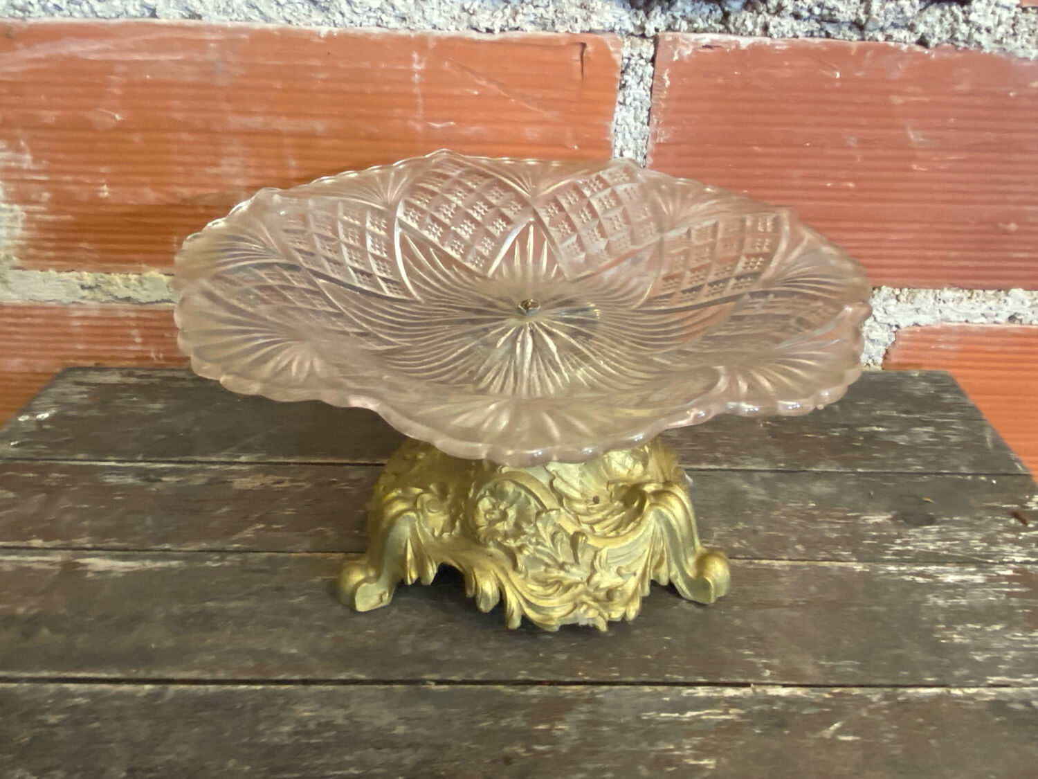 Antique art nouveau fruit bowl moulded glass + golden metal pedestal