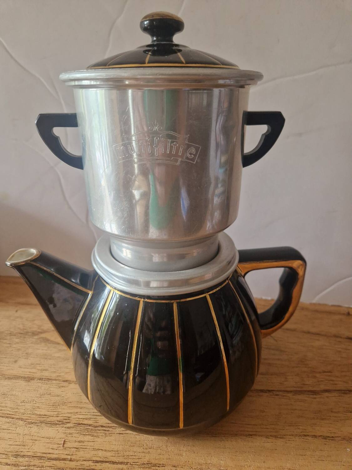 Cafetière vintage porcelaine à feu filtre alu Faience années 60 théière