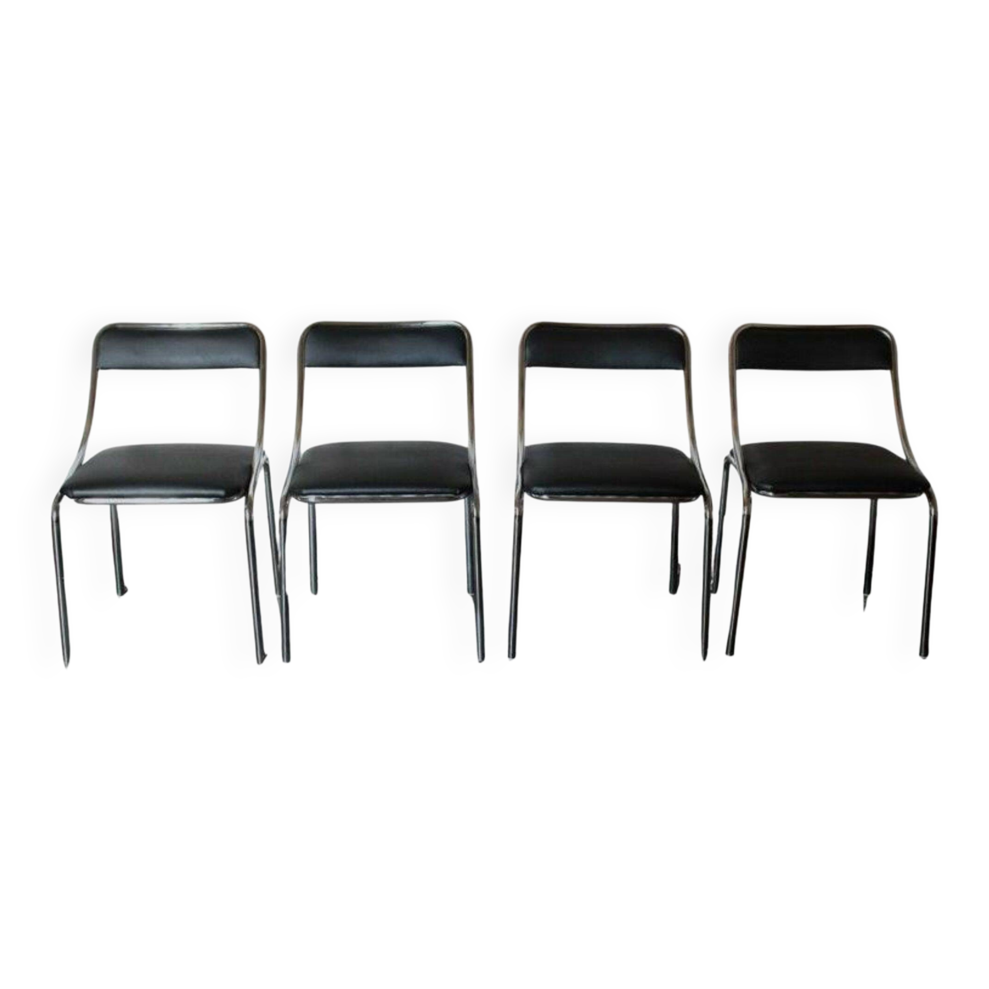 Set of Four Vintage Chromed Dining Chairs, Faux Leather, Italy, 1970