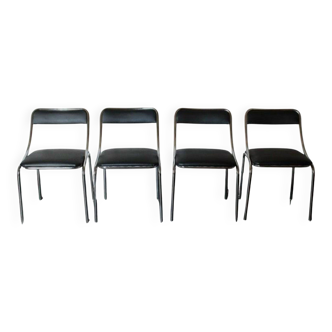 Set of Four Vintage Chromed Dining Chairs, Faux Leather, Italy, 1970