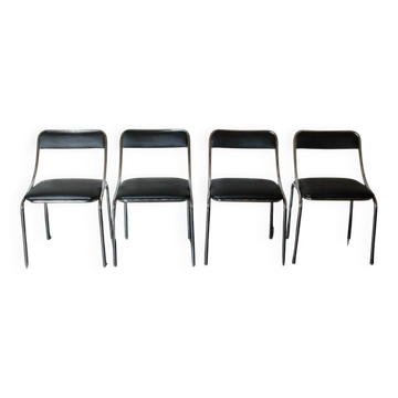 Set of Four Vintage Chromed Dining Chairs, Faux Leather, Italy, 1970