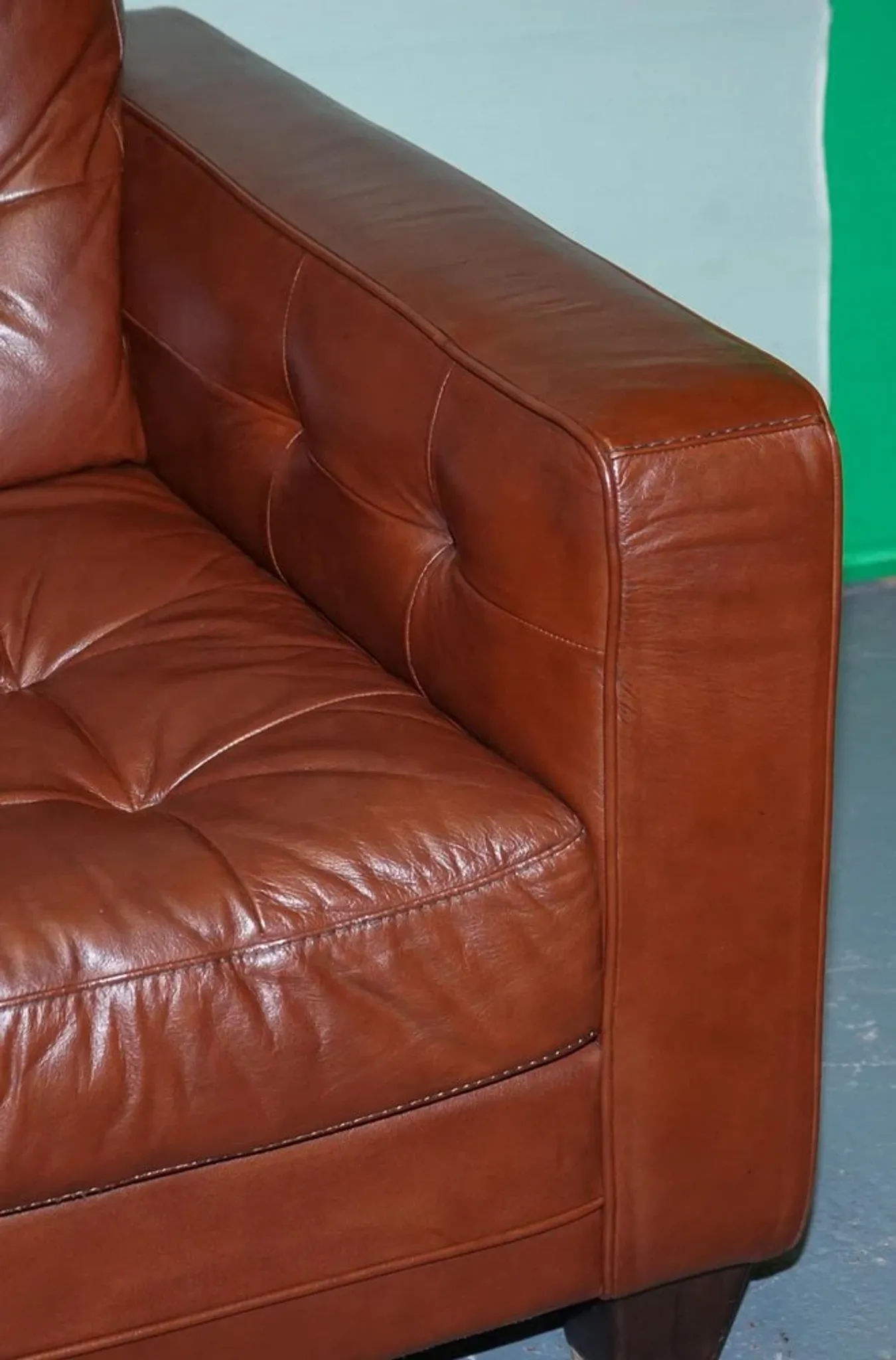 Vintage Minimalist Brown Leather Buttoned Armchair