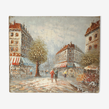 Scène hivernale parisienne impressionniste par artiste illisible, paris années 1960.
