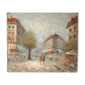Scène hivernale parisienne impressionniste par artiste illisible, paris années 1960.
