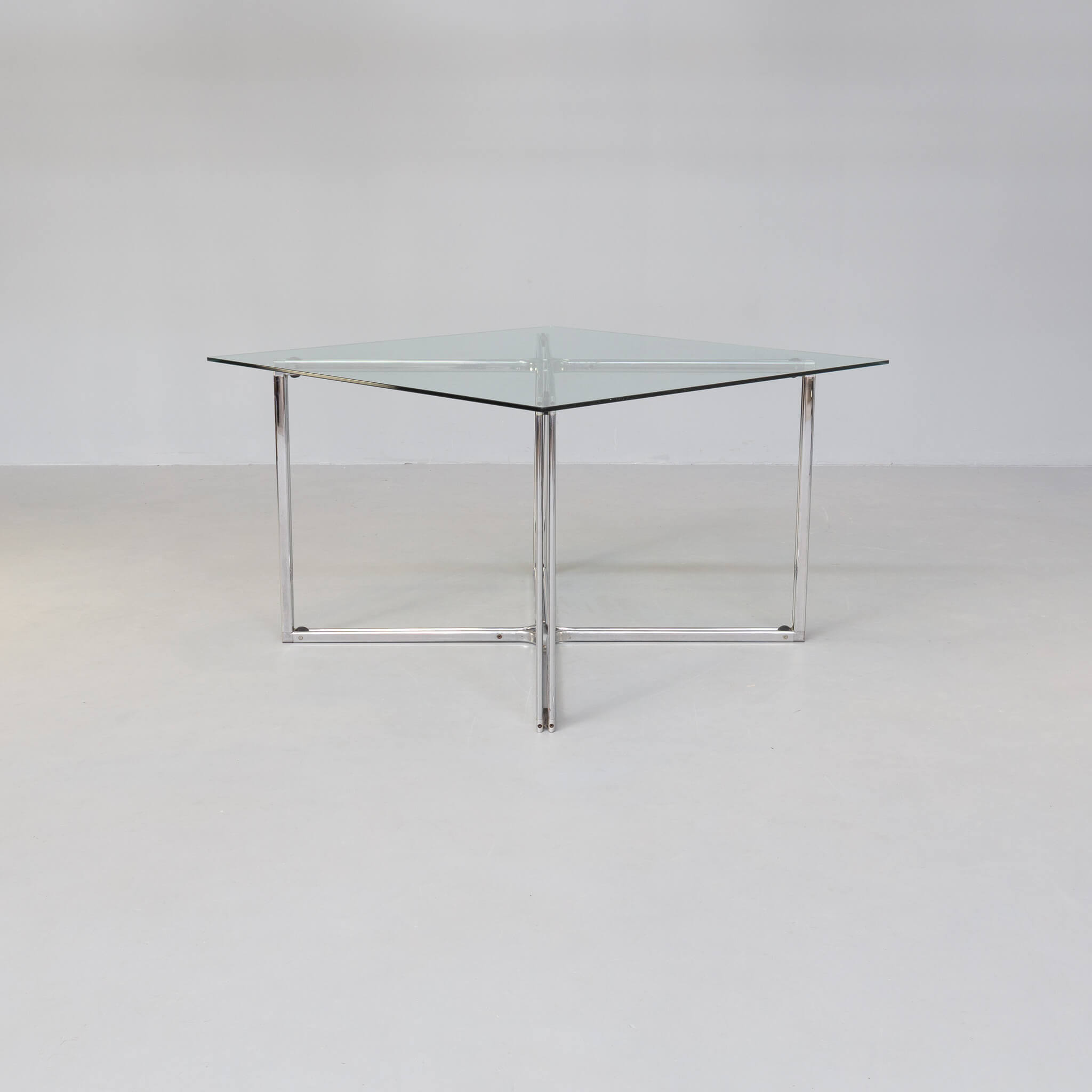 80s Chrome cross framed dining table glass table top