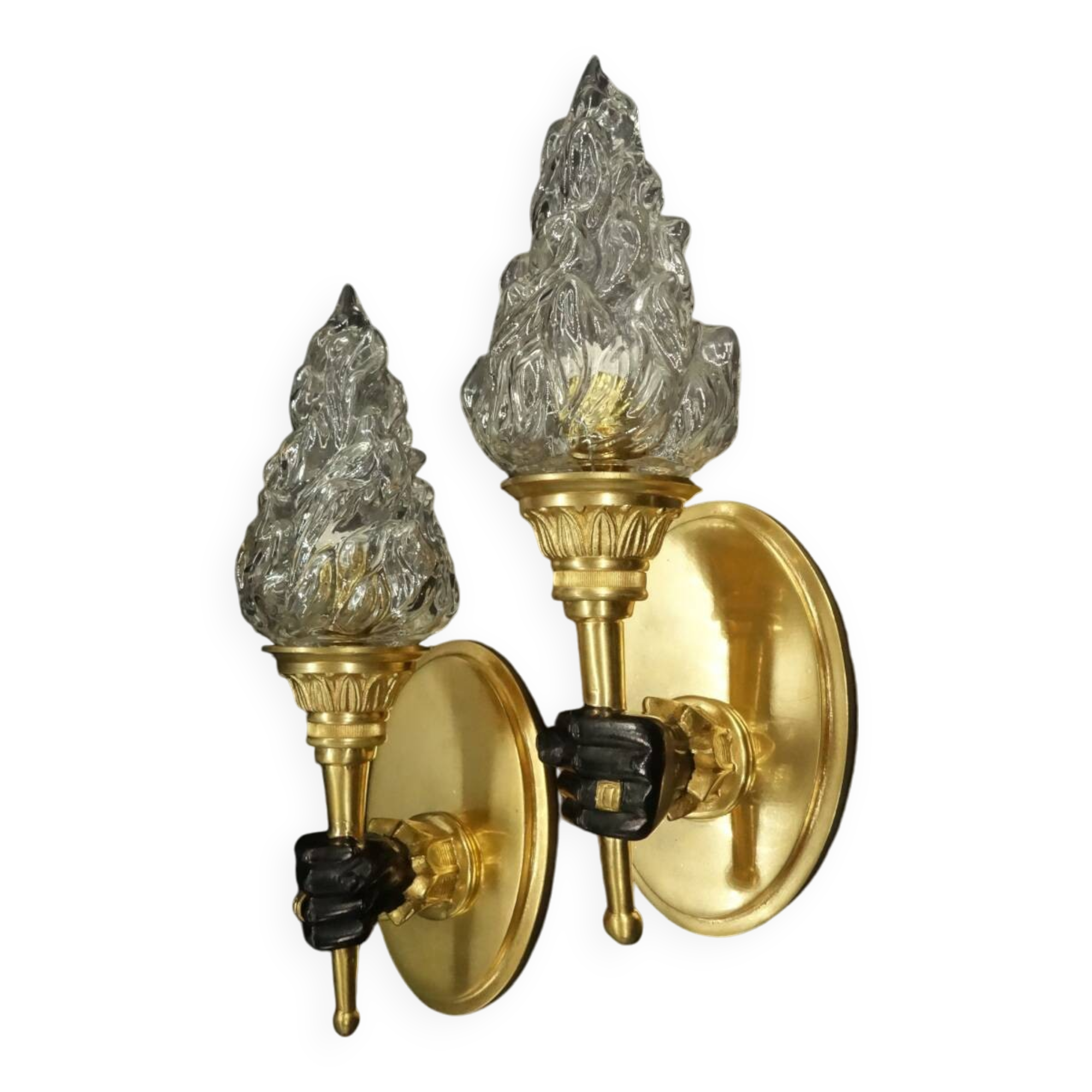 Pair of torchiere wall lights with hands - gilded bronze and black patina