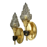 Pair of torchiere wall lights with hands - gilded bronze and black patina