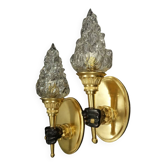 Pair of torchiere wall lights with hands - gilded bronze and black patina