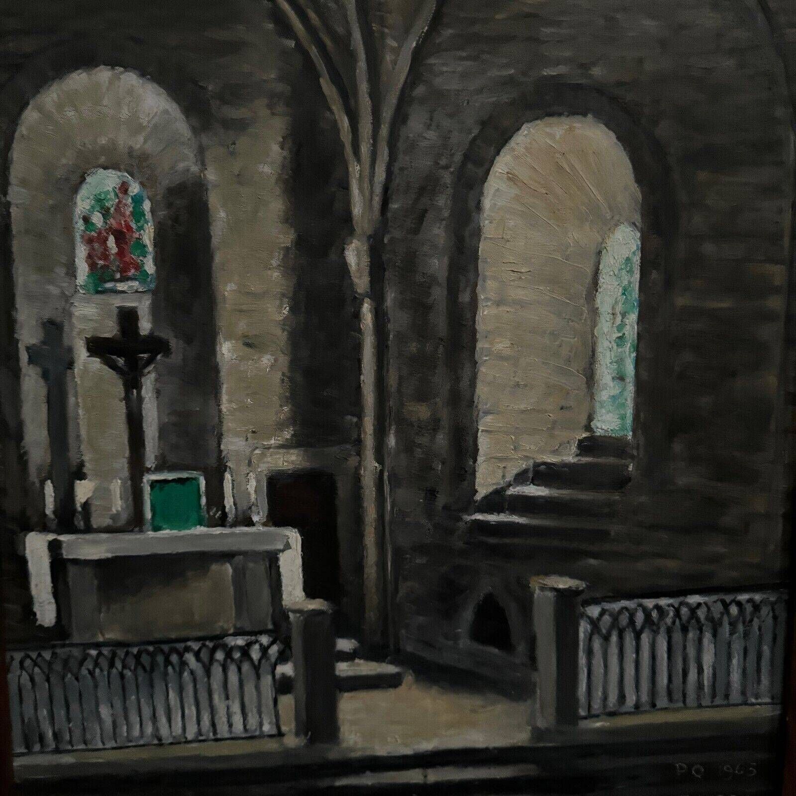 Oil on hardboard interior of a Breton church by PQ Royere 1965